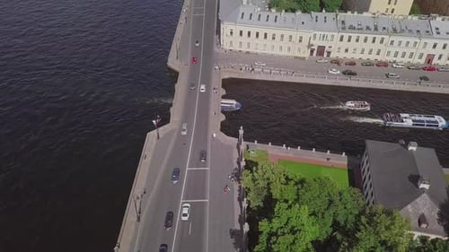 Saint-Petersburg, an aerial drone footage of central park Summer Garden, boats under the bridge in a