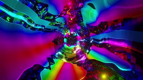 Tunnel arc-en-ciel avec objets en mouvement. Animation en boucle