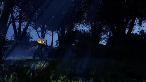 Pumpkin Head Scarecrow Running Through Spooky Haunted Forest