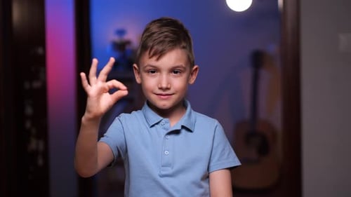 Smiling Boy Making OK Sign with Hand