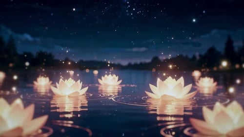 Magical Glowing Lotus Flowers Floating on Water Loop