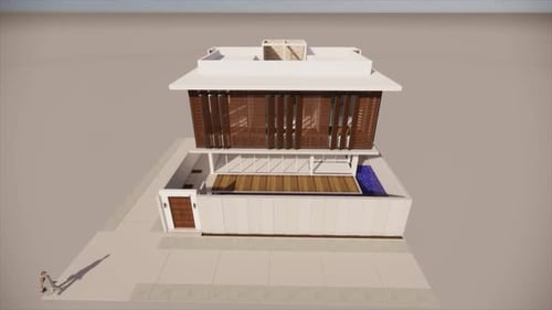 Modern two-story house with wooden accents and pool