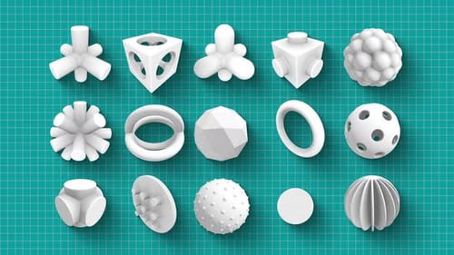 Abstract 3D Geometric Shapes Rotating on Grid Background