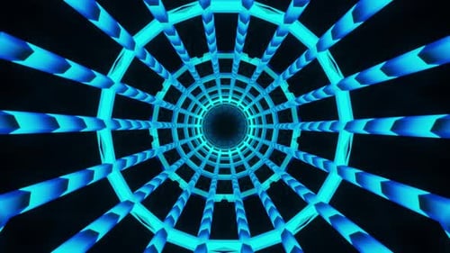 Very large circular object with blue light in the center. Kaleidoscope VJ loop