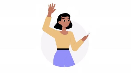 Flat Design Animation of Woman Waving and Using Phone