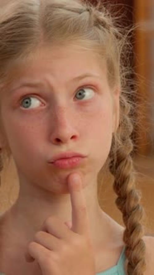 Headshot Thoughtful Pensive Little 10s Girl Thinking Caucasian Child Kid Pupil Daughter Gymnast