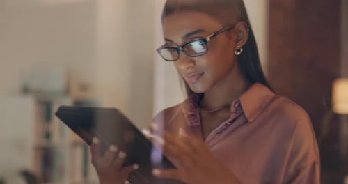 Digital marketing, thinking woman or night office with seo website planning