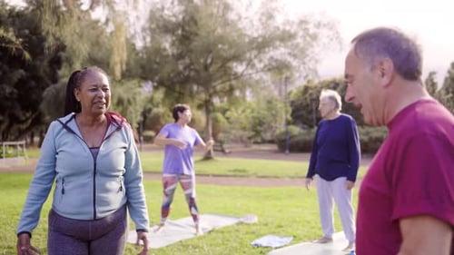 Senior sport people having fun during yoga class outdoors at park city - Elderly community workout l