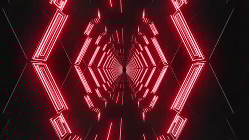 Динамичный красный неоновый световой туннель создает футуристический абстрактный фон