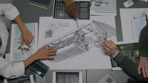 Engineers Discussing Parts of Wind Turbine Nacelle on Blueprint