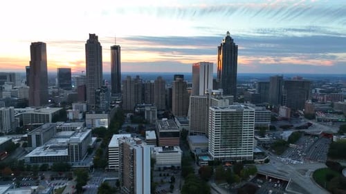 Atlanta Georgia skyline. Aerial of downtown urban city skyscrapers and highrise buildings at sunset.