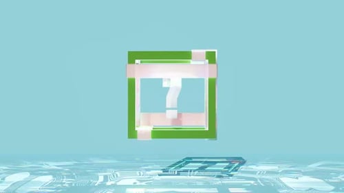 3D-Fragezeichensymbol in Glasbox mit abstraktem Hintergrund in Regenbogenfarben