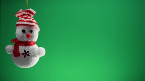 Hanging Snowman Ornament on Green Background