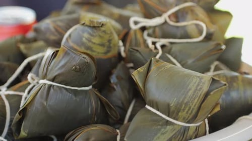 Traditional Chinese Food Zongzi or Zong Closeup Zongzi is Rice Dish Made of Glutinous Rice Stuffed