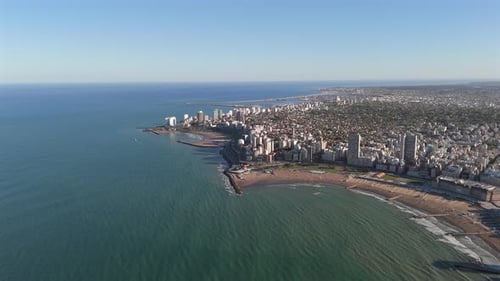 Aerial view of popular Argentinian tourist destination. Beaches in Mar del Plata, Argentina. 4k.