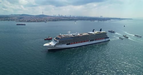 A Cruise Ship Enters the Port of Istanbul Turkey Aerial Shot