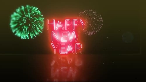 Happy New Year Neon Sign with Reflective Fireworks Animation