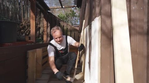 Man Painting Wooden the Old Barn Siding Outdoors