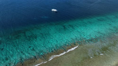 Motor Boat in Blue Tropical Sea Near Reef Wall on Maldives Aerial View