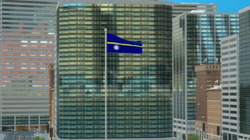 3D-Renderanimation der Flagge von Nauru auf einer Stange mit modernen Gebäuden des Geschäftsviertels — Tagesansicht