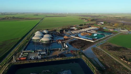 Aerial view of biogas plant, United Kingdom.