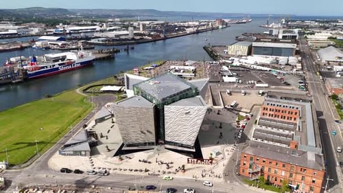 Drone shot of Titanic Belfast Museum, Northern Ireland, UK