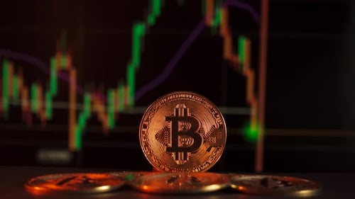 Bitcoin Coins Close Up with Market Background