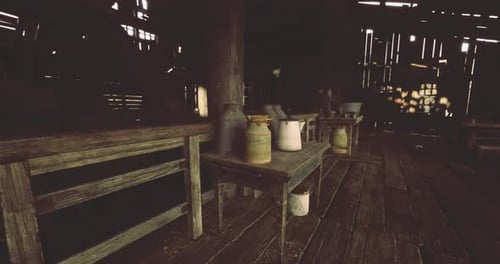 Cinematic Pan Through Rustic Wooden Barn Interior