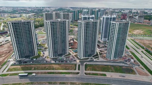 Aerial View of the Blocks of Highrise Buildings in the New Microdistrict and the Panorama of the