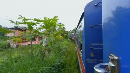 Reisezug inmitten grüner Wälder in tropischen Bergen. Wunderschöne Zugfahrt in den Tropen