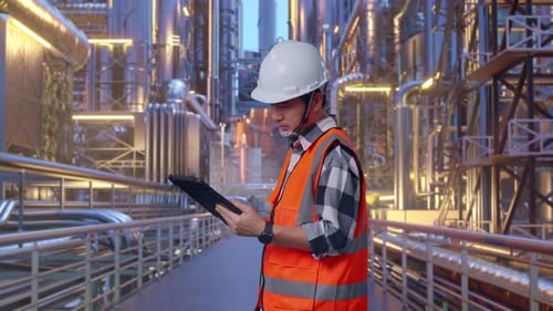 Vue latérale d'un ingénieur asiatique travaillant sur une tablette à une raffinerie de pétrole