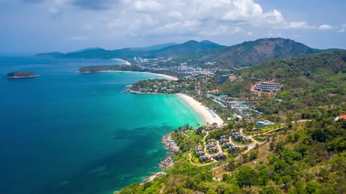 Aerial hyperlapse of the coast of Phuket island in Thailand. Flight over the beaches of Kata Noi, Ka