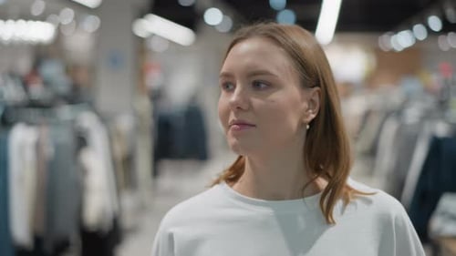 Woman Leaving Clothing Store in Casual Style