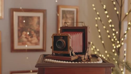 Vintage Camera Decoration on Wooden Stand