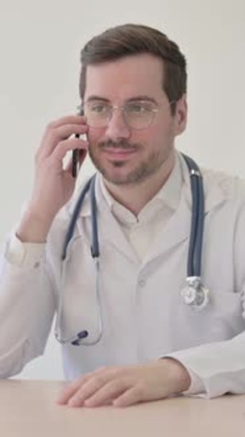 Doctor Talking on Phone in Clinic, vertical video