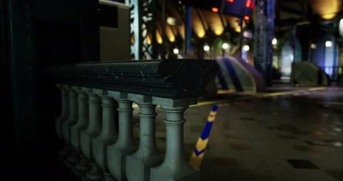 Cityscape at Night Featuring Architectural Details and Ambient Lighting