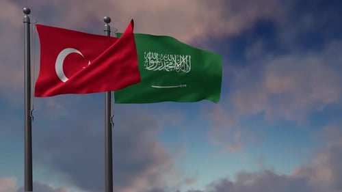 Waving Flags of Turkey and Saudi Arabia Against Sky
