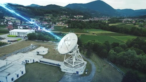 Animation, Ground Station Satellite Dish Sending Signals Into Atmosphere, Motion Graphics on Aerial