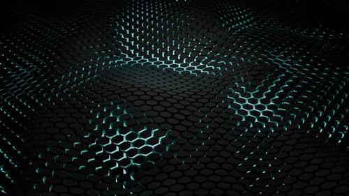 Futuristischer wellenförmiger Feldhintergrund mit einem Fluss schwarzer Sechseckformen und hellblauem Schimmer