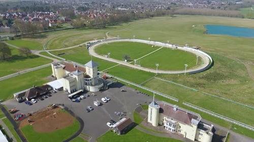 Aerial Drone View of Horse Racing Track in Northampton, England on Sunny Day