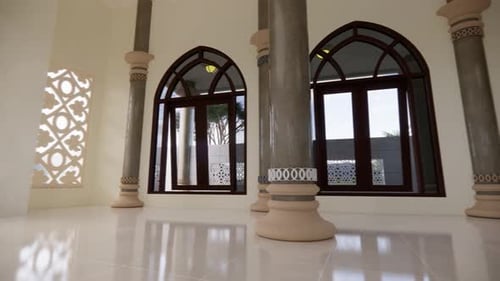 3D Animation of Modern Mosque Interior with Arched Windows