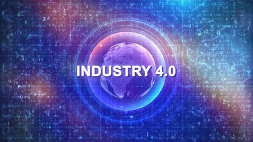 Industry 4.0 Concept on Futuristic Cyberspace Background with HUD, Numbers, and Globe