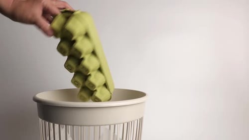 Dropping a Green Egg Carton Into Waste Bin