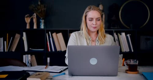 Inspiration Concept Portrait of Beautiful Happy Young Blonde Writer Woman Using Laptop at Loft