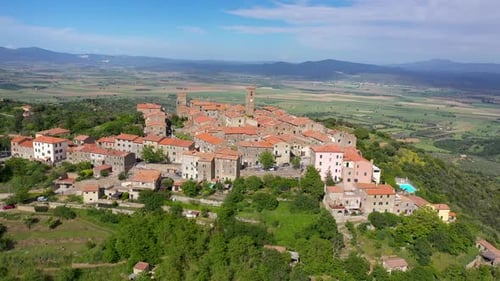 Aerial view of houses and landscape, Italy.