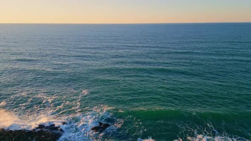 Foamy Waves Rolling Rocky Coastline Aerial Picturesque Ocean View. Beautiful Sea Surf