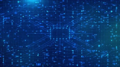 Digitaler Technologie-Hintergrund mit abstrakten geometrischen Formen. Konzept für Datentransfer und -übertragung.