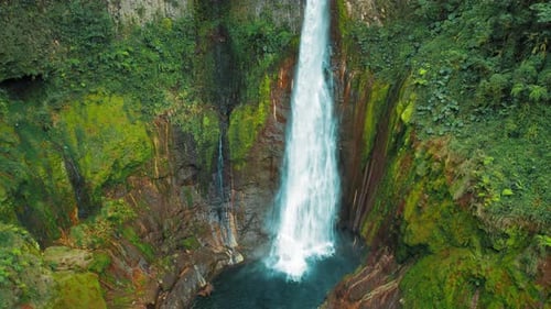 Tropical rainforest surrounds powerful Blue Falls waterfall plunging into rocky canyon pool