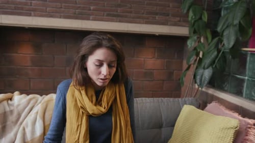 Close Up Woman Has Dizzy Head Swollen in Home on Sofa Feel Ill Unhappy Ache Adult Female Symptom