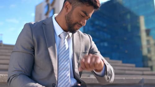 Time, relax and a businessman on a coffee break in the city, checking a watch and leaving to work